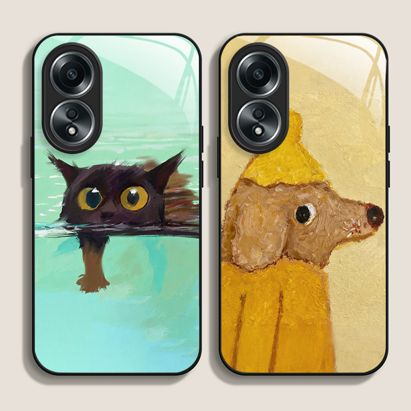 Phone Cases Yellow - Olieverfschilderij Gele Hond Zwarte Kat Gehard